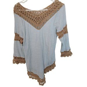 Soft Surroundings Womens M Blue Brown Crochet Trim Gauzy Boho Tunic Blouse